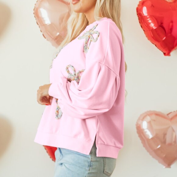 Light Pink Embroidered Bow Lantern Sleeve Oversized Pullover Sweatshirt - Picture 8 of 10